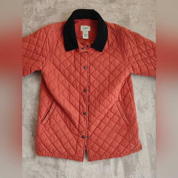 LL Bean Quilted Barn Jacket Thermal Orange Courdoroy Collar Size Medium - Picture 2 of 10